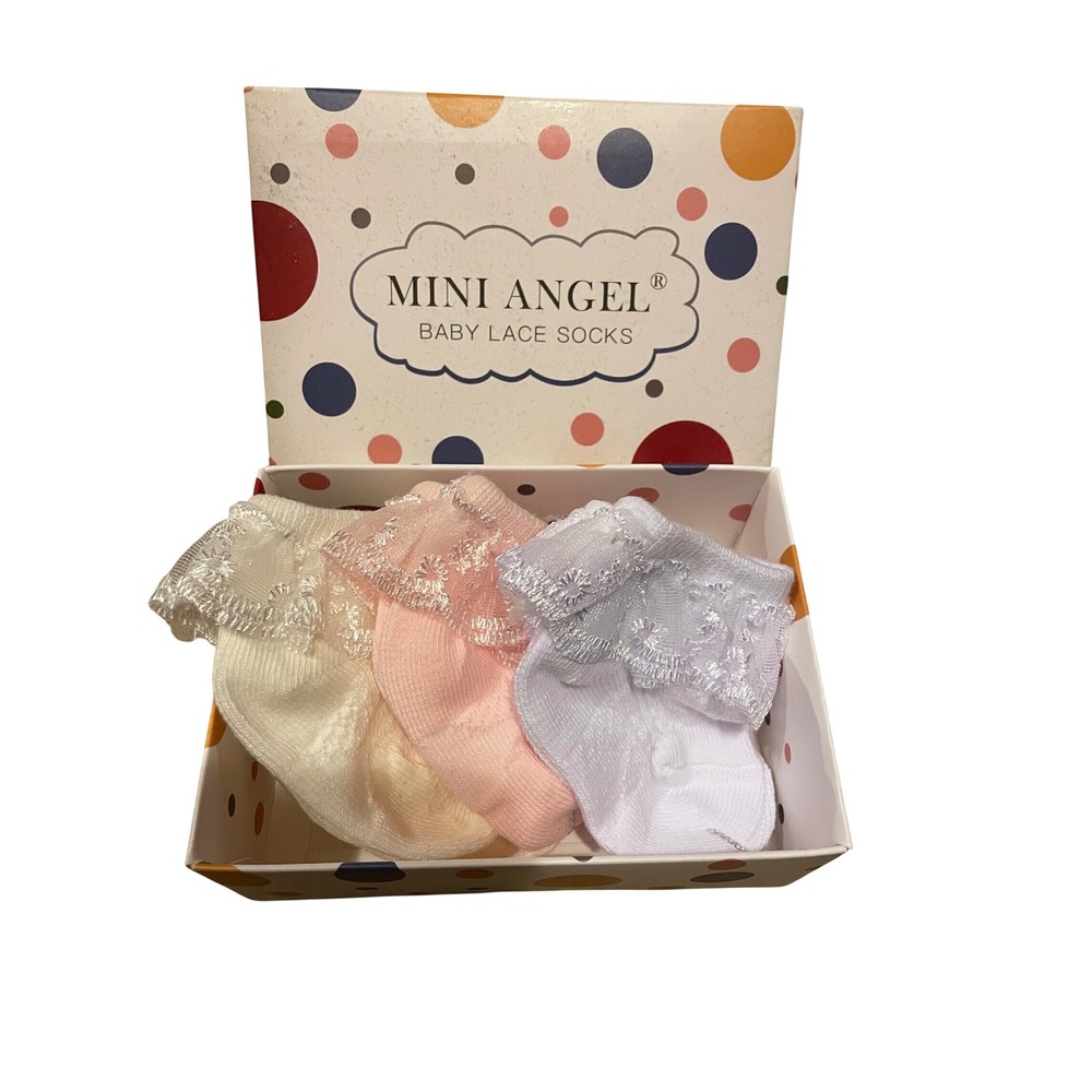 Mini Angel Baby Lace Socks 3 Pair Set Cream Pink White Ruffle Ankle 0-3 Months